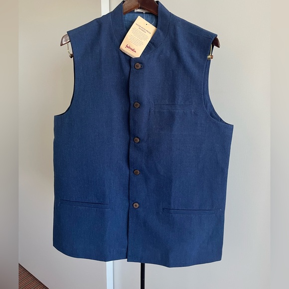 NWT Fabindia Men Sleeveless Jacket Vest Nehru Mandarin Collar Woven Cotto Blue M - Picture 7 of 10